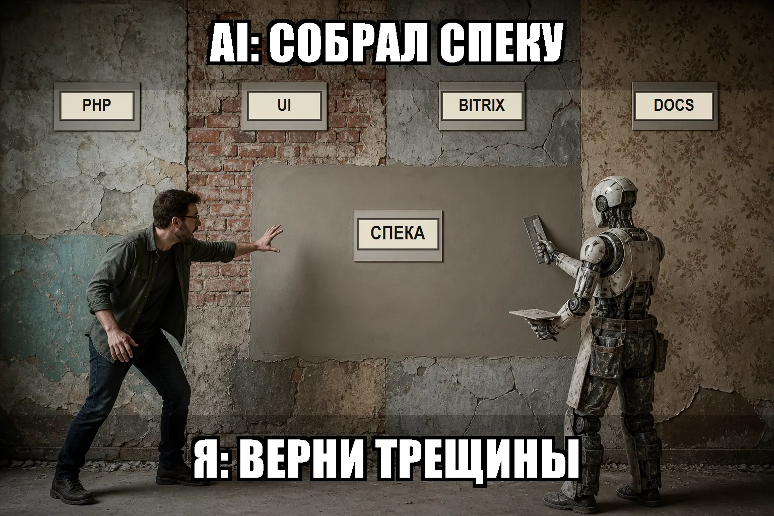 AI сгладил противоречия между PHP, UI, Bitrix и документацией в одну спецификацию, а инженер просит вернуть трещины