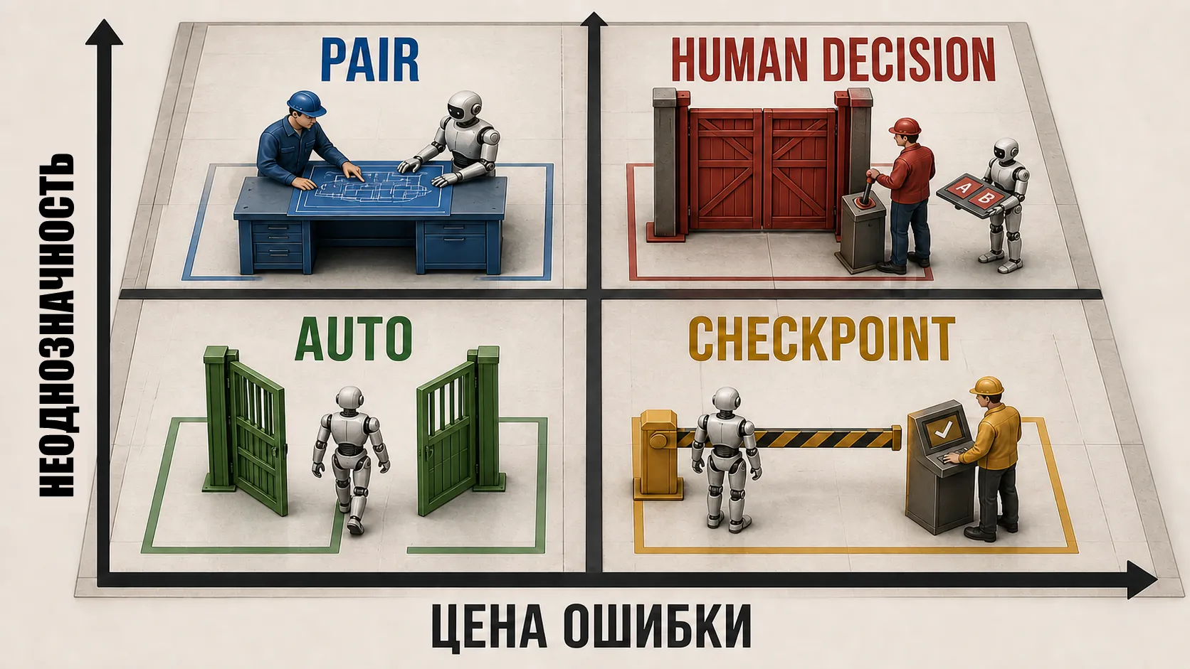 Матрица автономии по неоднозначности задачи и цене ошибки: Auto, Checkpoint, Pair и Human decision